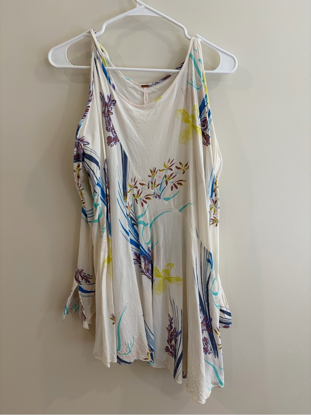 Free People White Floral Cold-Shoulder Top with Blue & Yellow Accents